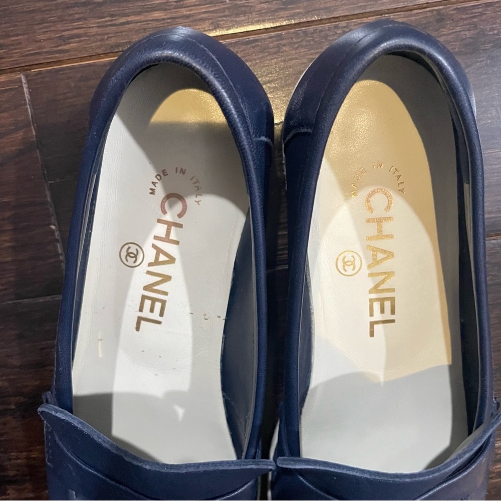CHANEL Navy Leather Penny Loafers - Picture 7 of 12